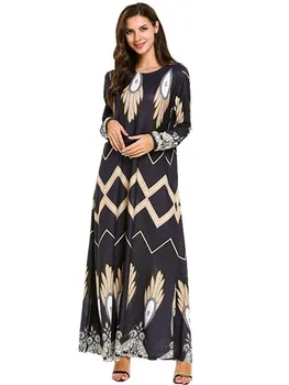 

Ramadan Kaftans Muslim Fashion Lady Stretched Large Size Women's Printing Long Sleeve Thin Section Wave Pattern Muslim Dress
