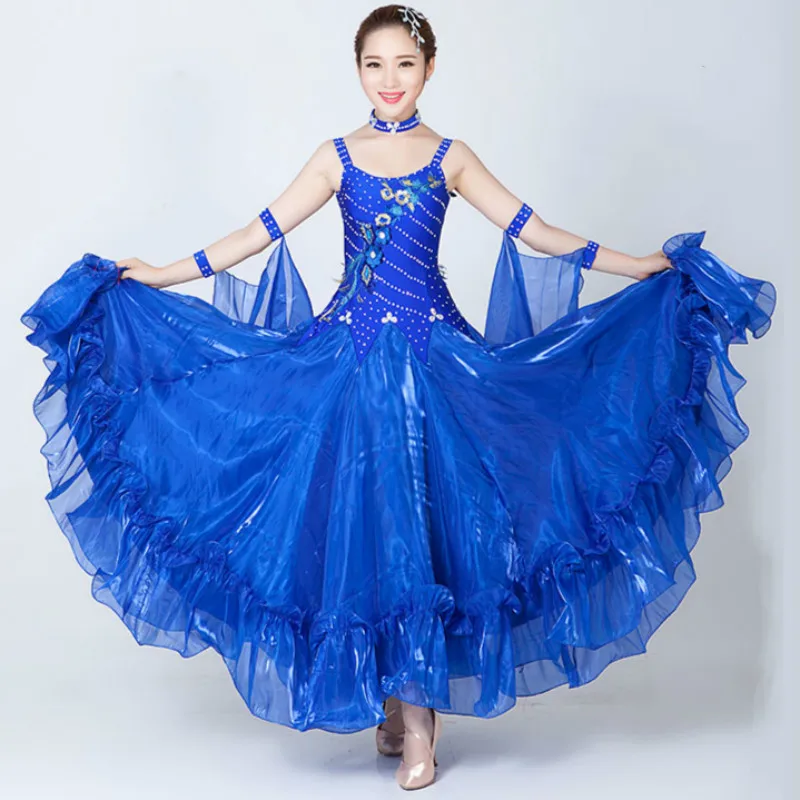 

Women Professional Competition Modern Standard Ballroom Rhinestone Dance Dress Blue Red Pink Salsa Samba Tango Luminous Costumes