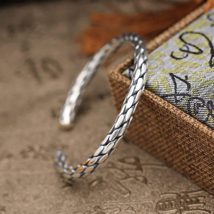 

Heavy Pure Silver 925 Twisted Weave Cord Bangle Men Women Handmade Thai Silver 6mm Round Band Simple Cool Design Gift