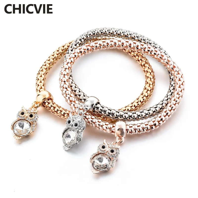 

CHICVIE Custom Owl Bracelets 3 PCS Gold/Silver/Rose Gold Chain Charms Stretch Bracelets & Bangles for Women Bracelet SBR180091