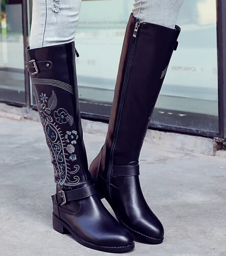 Women Autumn Winter Low Heel Full Grain Leather Buckle Embroidery Round Toe Side Zip Fashion Knee High Boots Size 34-39 SXQ0930