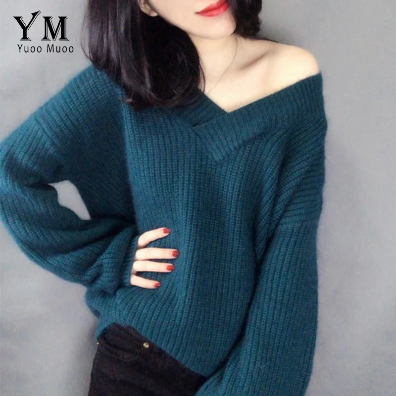 YuooMuoo толстый зимний свитер женский с v-образным вырезом высокого качества белый пуловер Фонарь Свободные топы с длинным рукавом женский кашемировый свитер