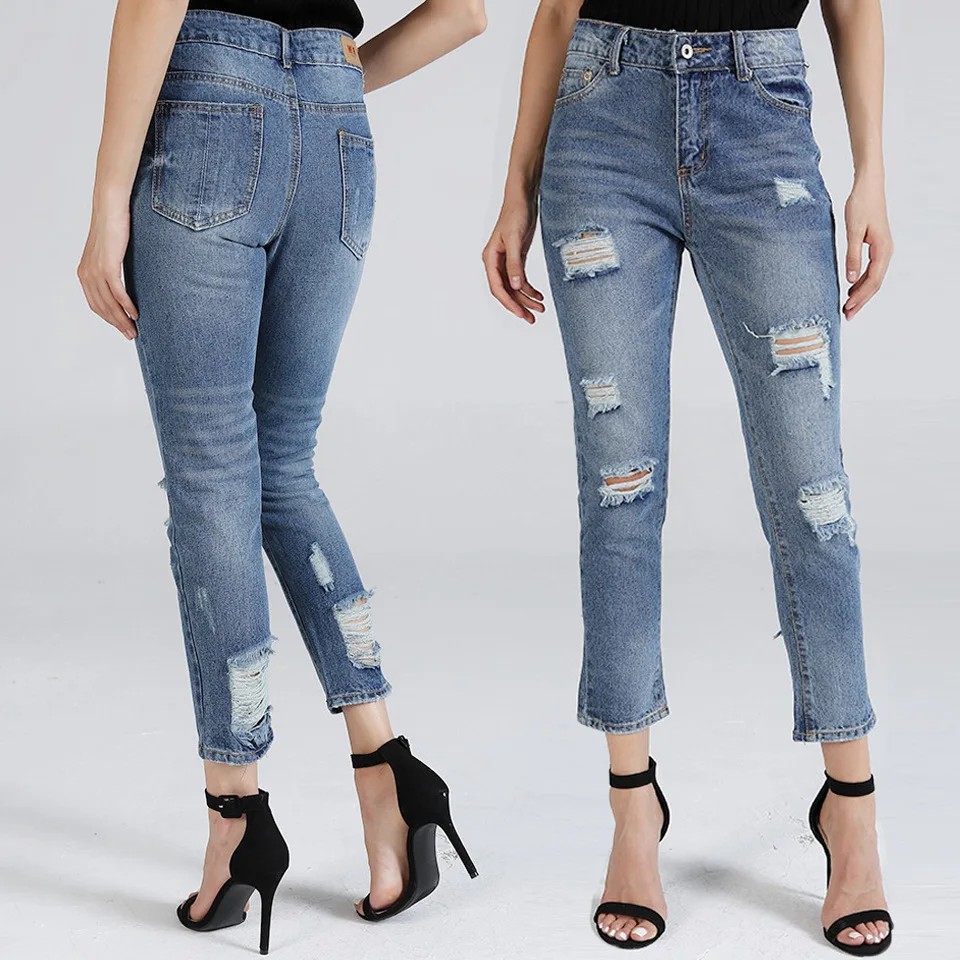 New Fashion Ultra Stretchy Blue Tassel Ripped Jeans Woman Denim Pants