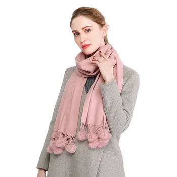 

VISROVER 2019 23 colorways Fashion Cashmere Woman Winter Scarf Real Fur Pompoms Autumn Winter Shawl Female Winter Scarve Pompom