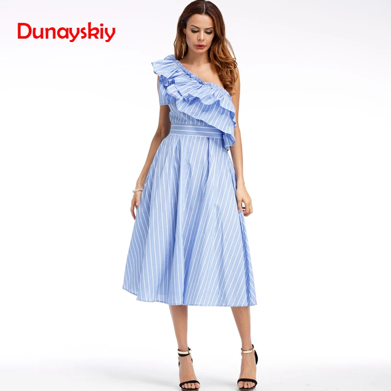 

Sloping Shoulder Sleeveless High Waist Pocket Striped Dress Ruffles Knee-Length Striped 2019 New Summer Spring Fashion Dress