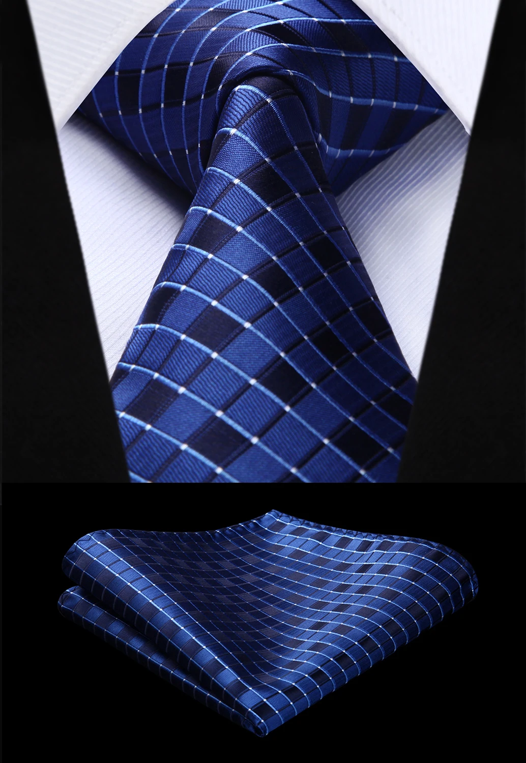 Woven Men Tie Fashion Navy Blue Check Plaid Necktie Handkerchief Set