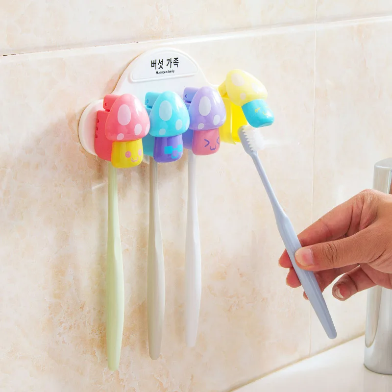 

1 set Cute mushroom design Toothbrush Holder Wall Mount Suction Tooth Brush container Dustproof Family Set bathroom accessories