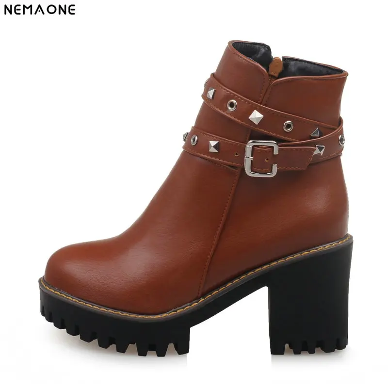 

NEMAONE New 8cm high Heels women ankle boots black brown beige ladies casual shoes spring autumn shoes woman large Size 43