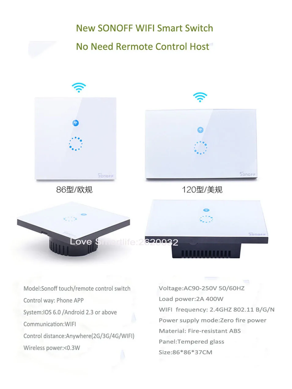 EU US Type Sonoff Wifi Touch Glass Panel Switch Smart Home Remote Control Wifi Switch 1 gang 1 way Home Automation Ewelink APP