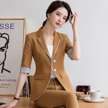 

IZICFLY Spring Summer Style Black Khaki Suits for Women Pants and Coat Slim Business Ensemble Blazer Pantalon Femme Office Wear