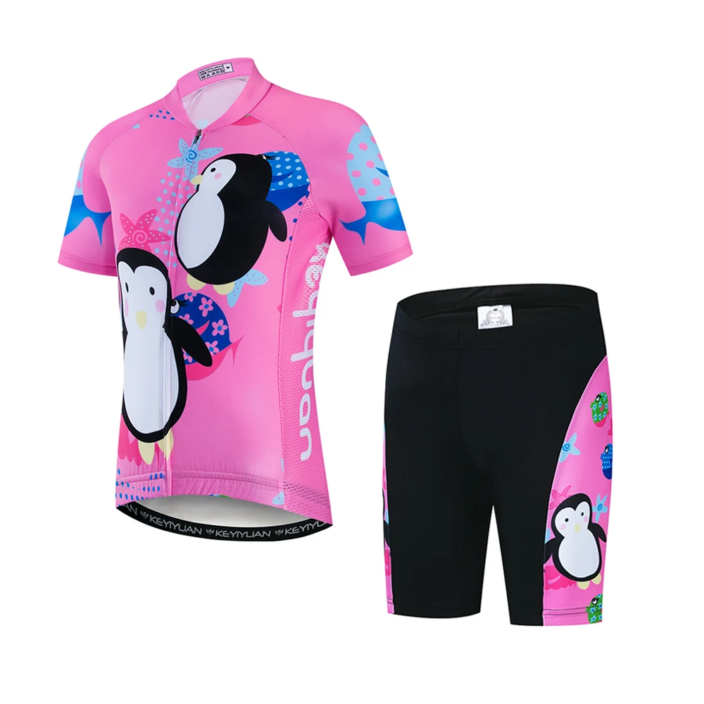 

2019 Keyiyuan Spring and Summer New Cartoon Penguin Pink Children's Cycling Jersey Breathable Quick-drying Short Sleeve Set