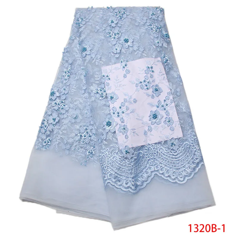 

High Quality African French Lace Fabric With Beads Nigeria Mesh Embroider 3d Net Tulle Textile Light Blue Party Dress GD1320B-1