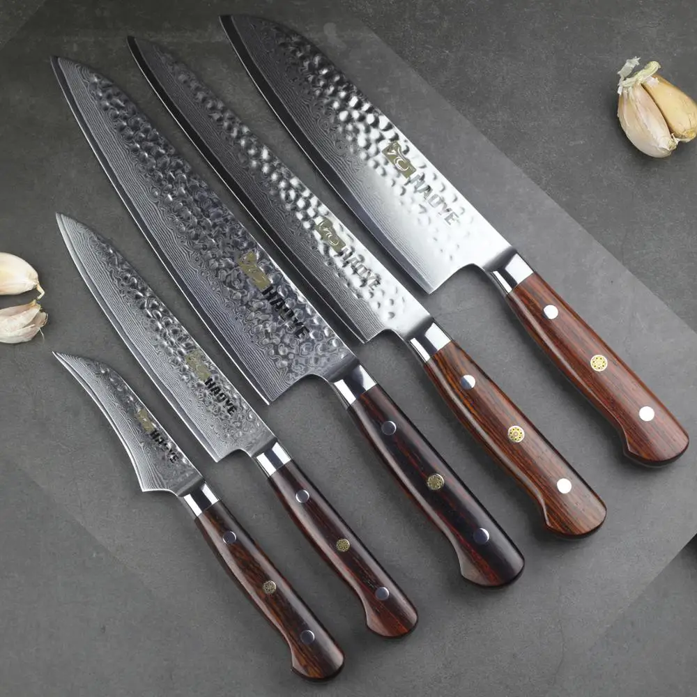 

HAOYE 5 piece Damascus kitchen knives chefs knife set with rosewood handle three rivets fulltang classic cook tool Cutlery gift