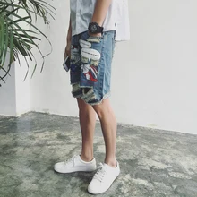 2017 Summer fashion personality cartoon print male hole jeans pants teenage knee-length the trend
