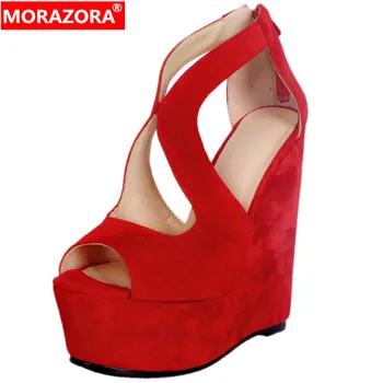 

MORAZORA 2020 plus size 47 women sandals open toe zipper summer shoes solid colors fashion wedges platform sandals ladies