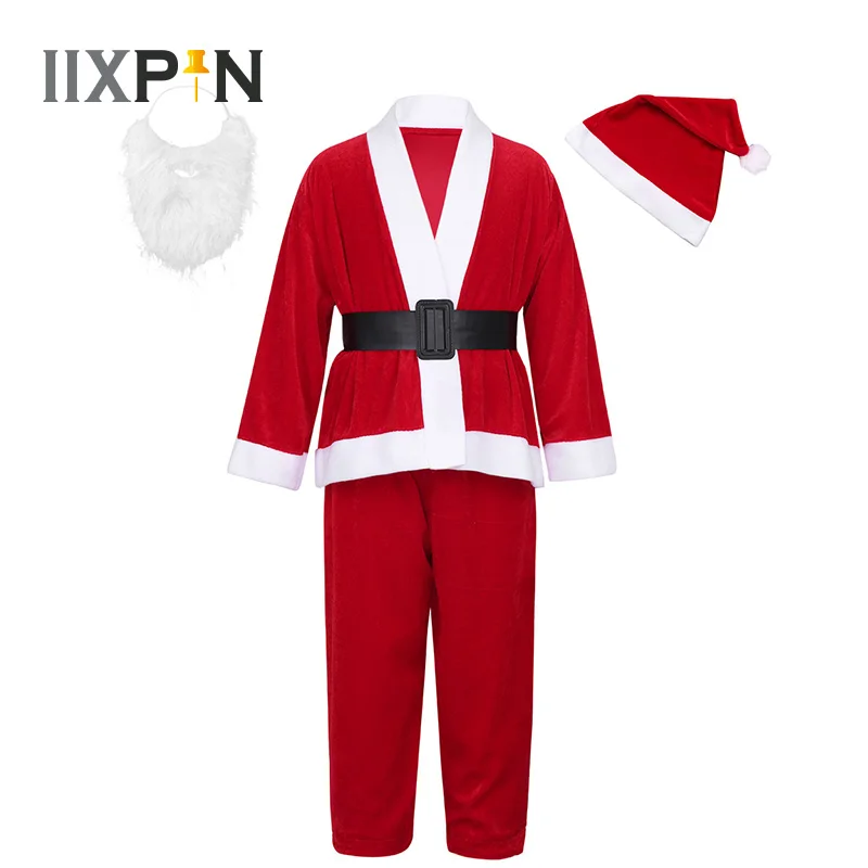

Kids Boys Christmas clothes Santa Cosplay Costume Outfit Long Sleeves Tops with Hat Beard Trousers Belt Set Xmas Kids Dress Up