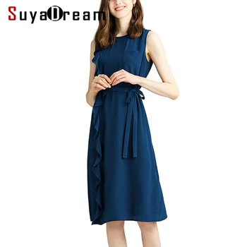 

Women Silk Dress 19mm 100%REAL SILK CREPE Solid Belted Dressed Sleeveless Office Lady Dresses 2019 Summer Knee Length Dresses