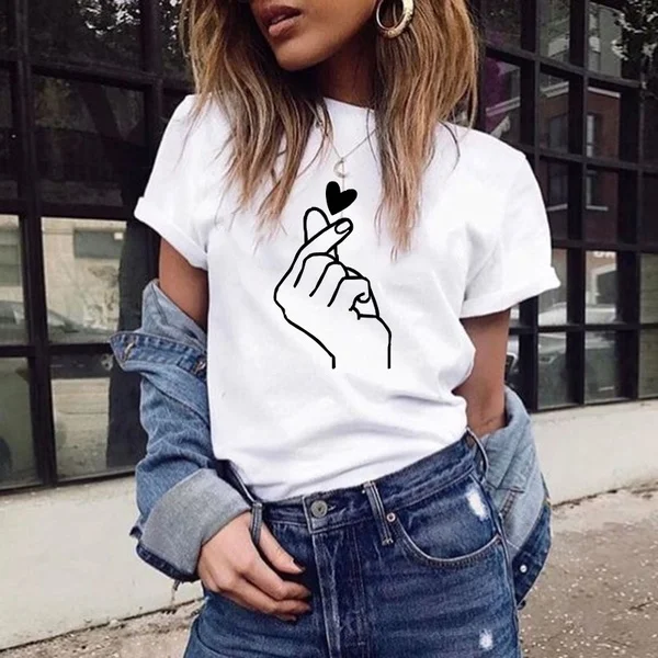

WENYUJH Women Girls Finger Heart Print T-Shirt Ladies Casual O-Neck Funny Short Sleeve Tee Shirt Femme Tops Camisas Mujer 2019