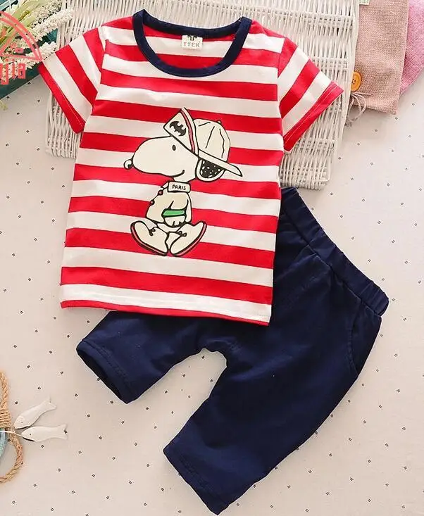 

2017 new summer tracksuit children cotton stripe clothing sets baby boys cartoon dog clothes sets kids t-shirt +shorts 2pcs suit