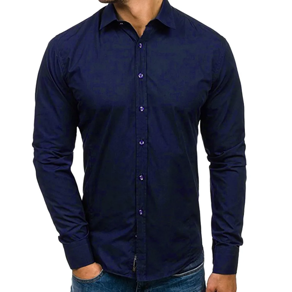 Мужская рубашка из хлопка, приталенная, длинный рукав, отложной воротник, повседневная, одноцветная, на пуговицах, белые рубашки, формальный Топ, блузка, осень, Hemden Herren C - Цвет: Dark Blue
