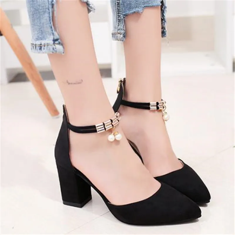 

Summer Women Shoes Pointed Toe Pumps Dress Shoes High Heels Boat Shoes Wedding Shoes tenis feminino Side with Thick Square Heel