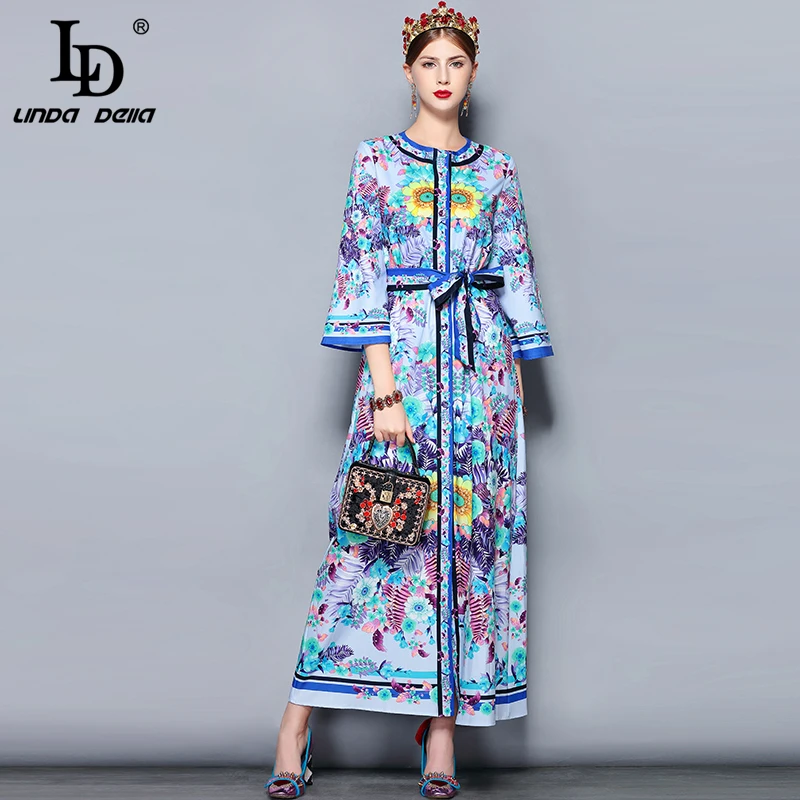 

LD LINDA DELLA Spring Fashion Runway Maxi Dress Plus size Women's 3/4 Sleeve Vintage Floral Print Loose Belt Party Long Dress