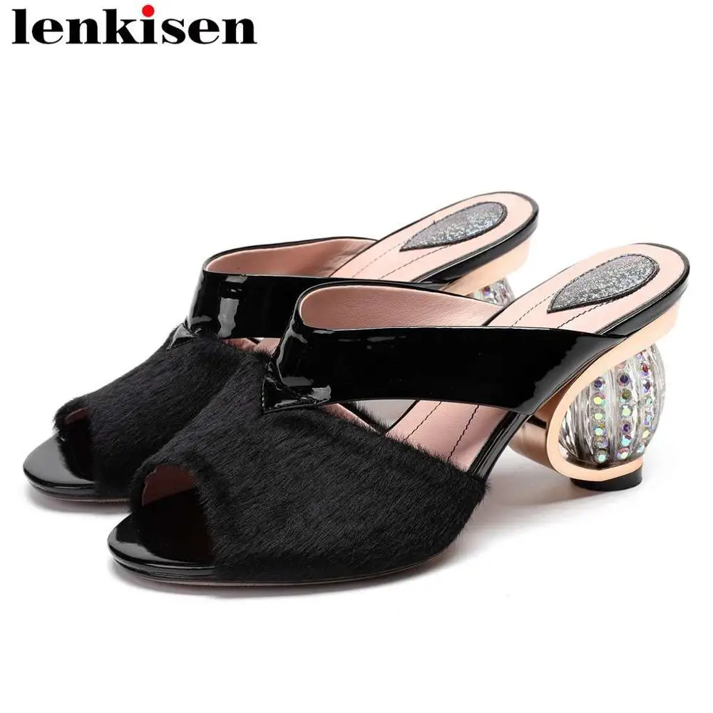 

Lenkisen cow leather luxury horsehair slip on mules colorful crystals decoration peep toe large size dress party sandals L07