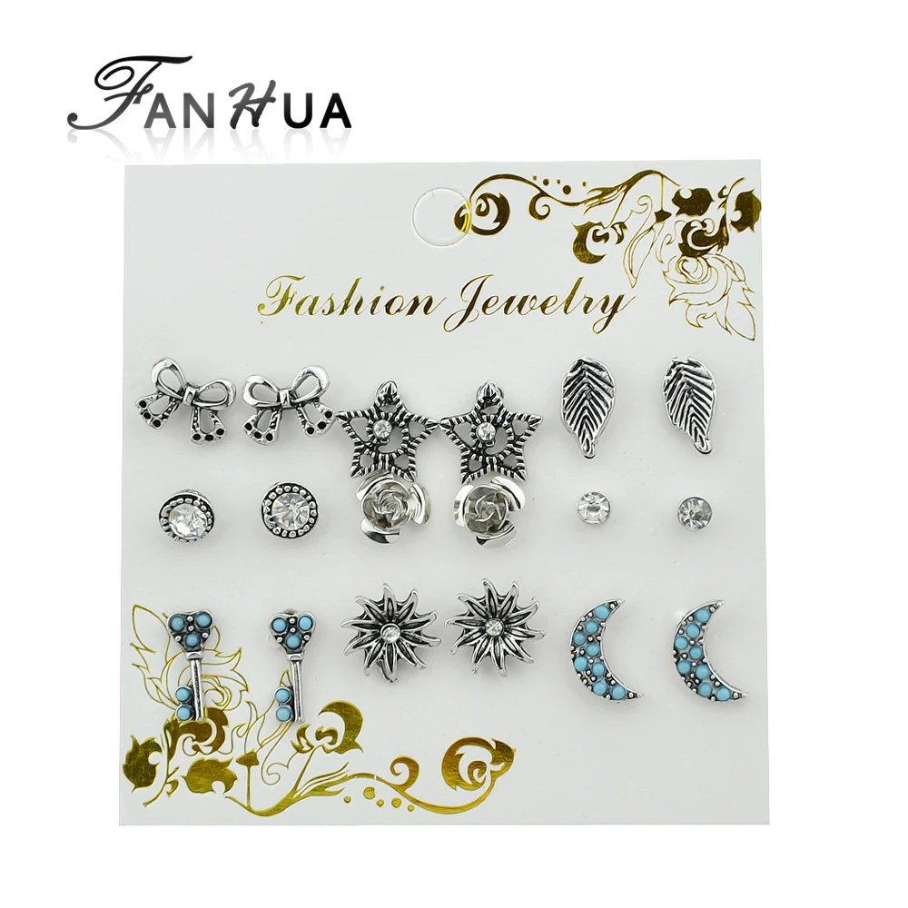 FANHUA 9 pairs/set Bohemian Blue Stone Earrings Set Moon Star Flower Bowknot Leaf Lock Round Pattern Stud For Women|stud earrings|stud earrings for