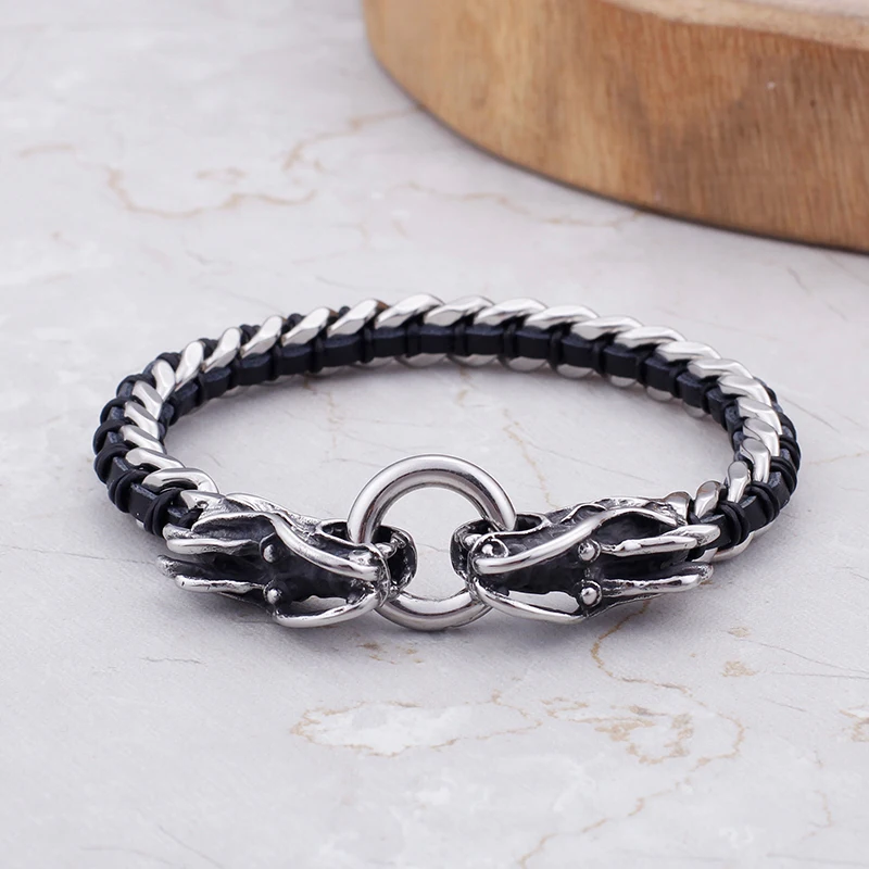 Fongten Dragon Stainless Steel Metal Viking Screw Leather Men Bracelet Jewelry