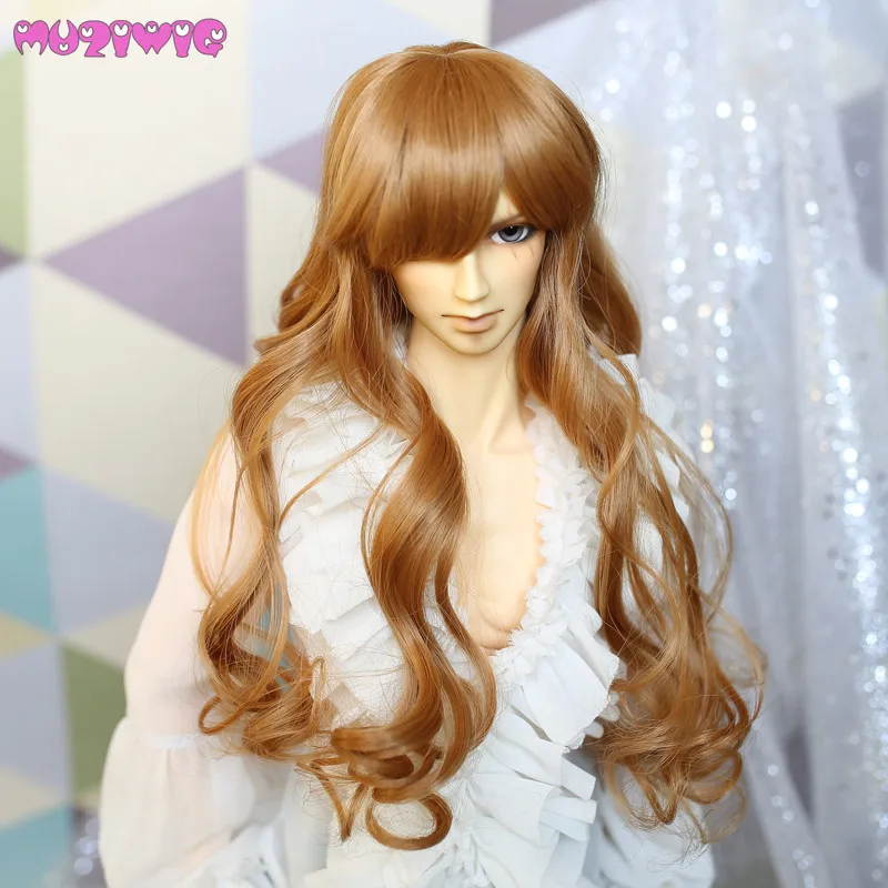 

MUZIWIG Heat Resistant Synthetic Flaxen Bright Brown Long Curly Wavy baby doll wig hair for bjd 1/3 dolls wigs accessories