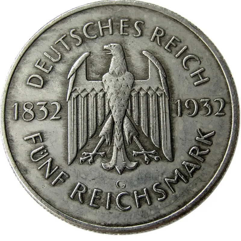 

Germany 1932-G 5 Reichsmark Goethe Copy Coins Silver Plated
