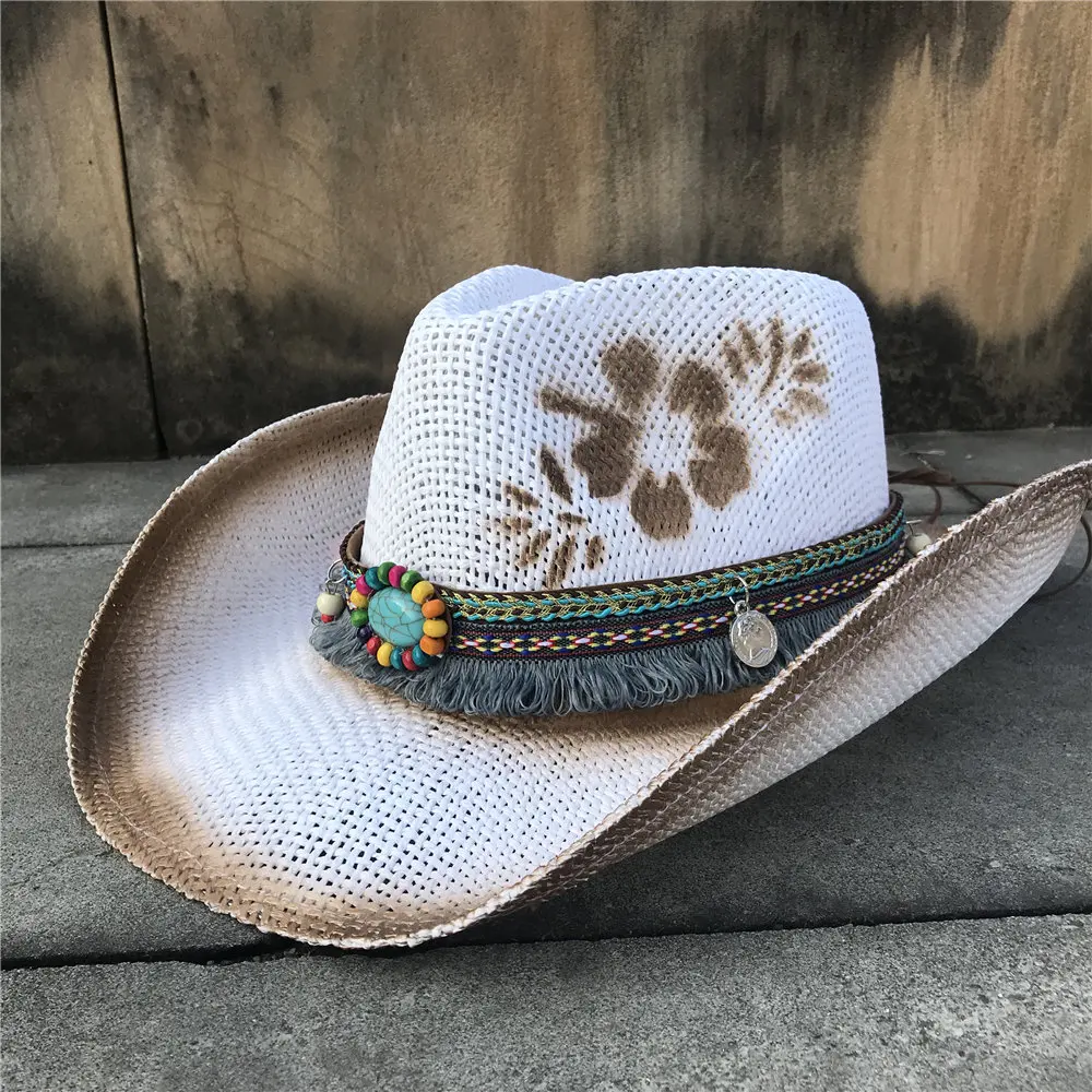 Flower Women Straw Hollow Western Cowboy Hat Lady Handmade Bohemia Sombrero Hombre Beach Cowgirl Jazz Sun Hat Size 56-58CM