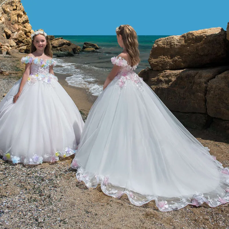 

White ivory Flower Girl Dress For Weddings Long Sleeves Tulle Bow Lace First Communion For Little Girls Dresses