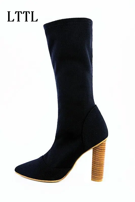 Black color pointed toe high square heel well matched clothes women boots high quality mid calf boots fashion style shoes