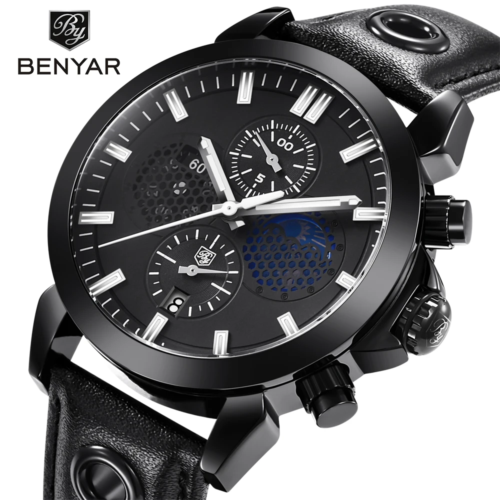 

2018 BENYAR Fashion Sports Chronograph Watches Men Waterproof Moon Phase Leather Quartz Wrist Watch Support dropshipping black