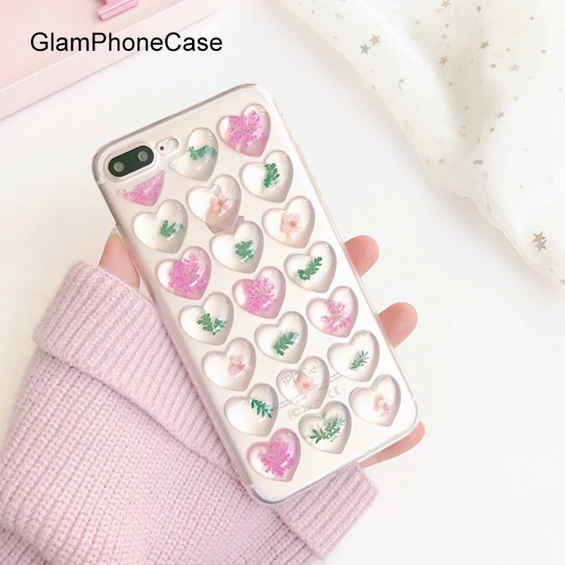 

GlamPhoneCase Cute 3D Love heart Glitter Phone Case for iphone 7 8 6 6S Plus X Never Withered Cherry Flowers Soft Back Cover