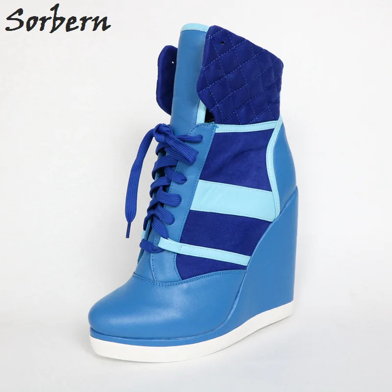 Sorbern/синие женские кроссовки на высоком каблуке; Ботильоны на танкетке со шнуровкой; разноцветные кроссовки с круглым носком; ботинки на скрытой танкетке;
