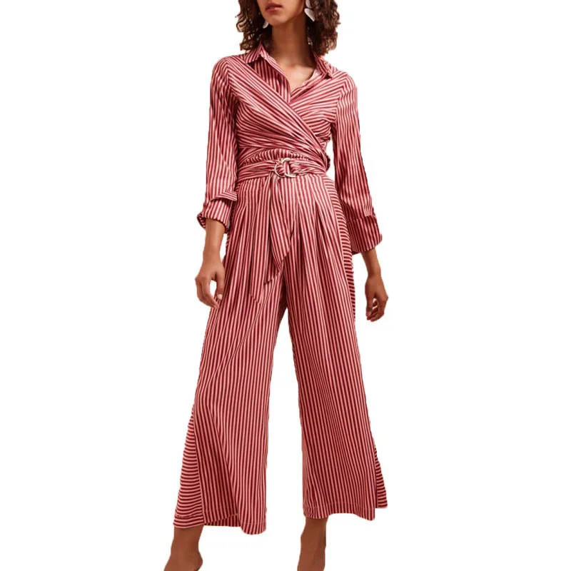 

2018 two piece set summer casual striped pants set loose womens clothing red 2 piece set women