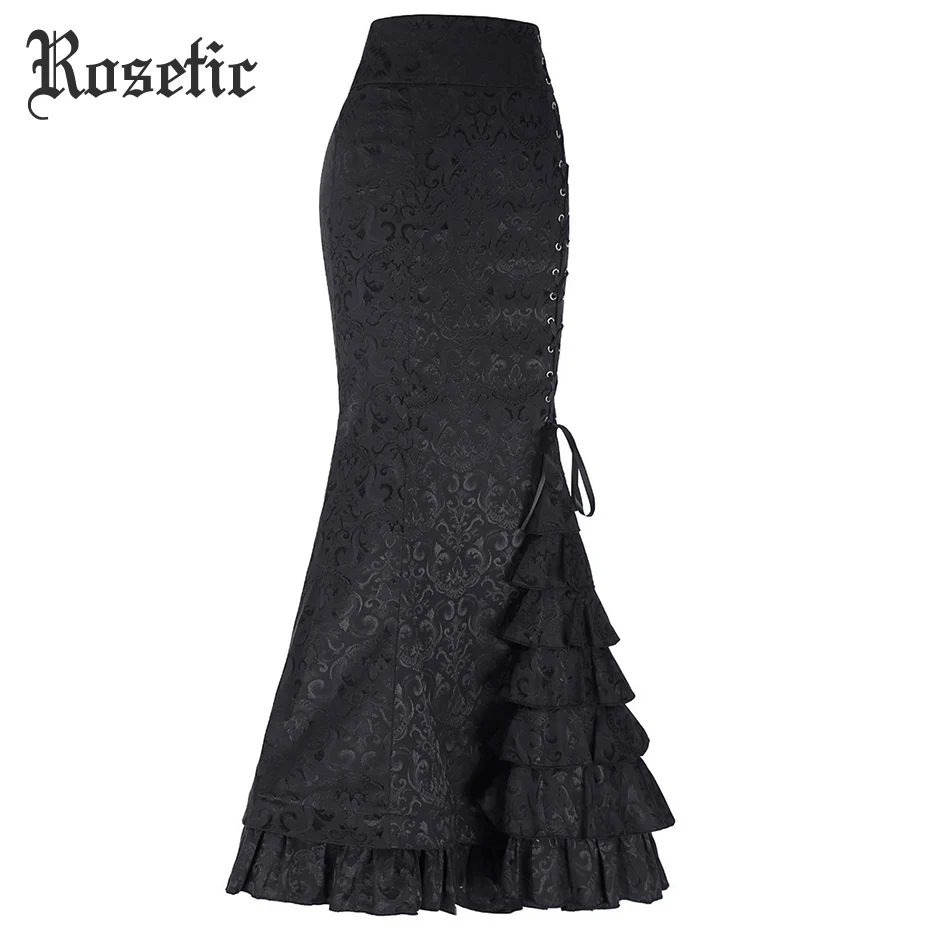 Rosetic Gothic Vintage Long Mermaid Skirt Asymmetric Floral Print Lace Patchwork Lace-Up Luxury High Waist Goth Black Skirts Skirts