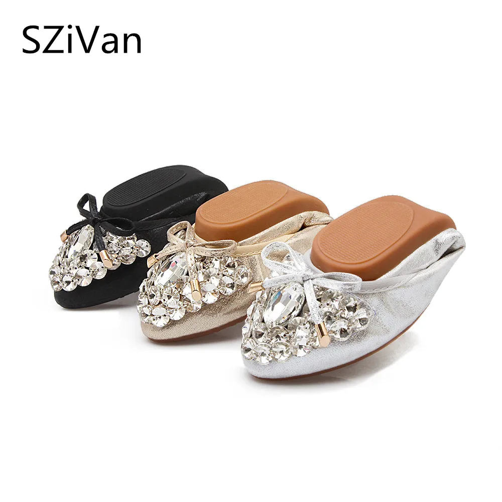 

New Spring Women Rhinestone Ballet Flats Flower Crystal Slip-On Pointed Toe Folding Flats Soft Shoes Plus Size 34-45 zapatos
