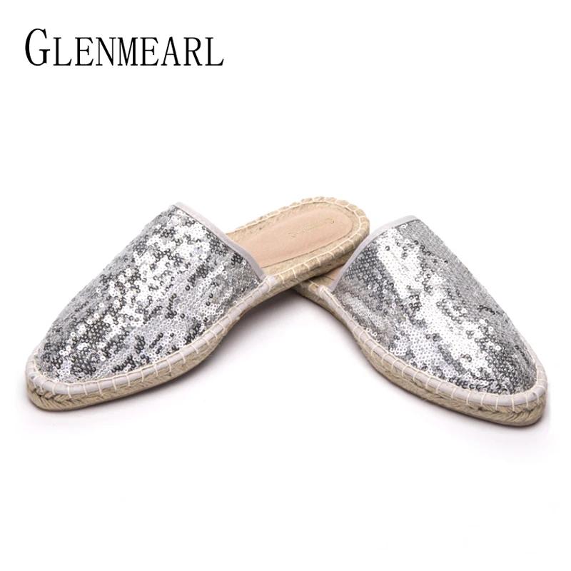 

Genuine Leather Women Slippers Mules Shoes Straw Paillette Casual Flat Shoes Woman Pointed Toe Fishwerman Slippers Plus Size DE