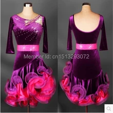 Латинской Танцевальный костюм платье для выпускного розовая махровая элегантное, с рукавом до локтя Платье для латино-американских танцев со стразами платье