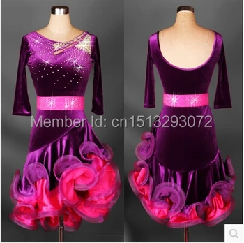 

Latin dance costume senior dresses Velvet purple Elegant half sleeves dress for women latin diamond competition dress