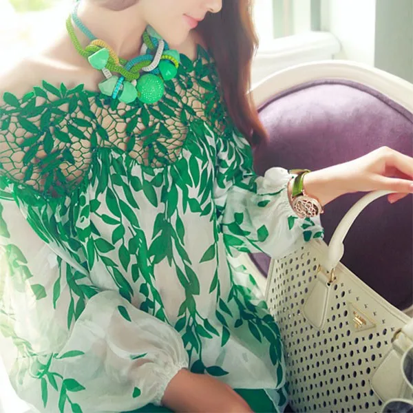 Женская мода Полые Кружева крючком зеленый лист с длинным рукавом Свободная шифоновая рубашка Топ Новинка