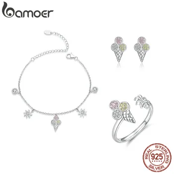 

bamoer 4 pcs Ice Cream Jewelry Sets for Women Summer Collection 925 Sterling Silver Earrings Finger Rings and Necklace ZHS117