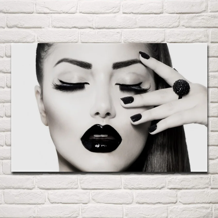 

girl black and white portrait makeup lips eyelashes hair hand RW226 living room home wall art decor wood frame fabric posters