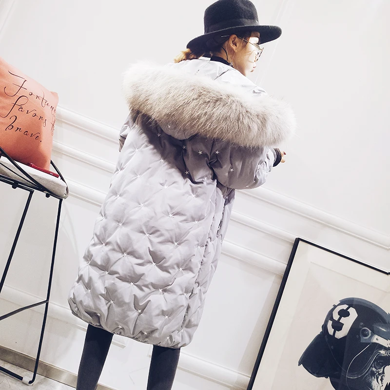 Embroidery stars natural raccoon dog fur collar hooded white duck down jackets women down coats outerwear 2018 autumn winter