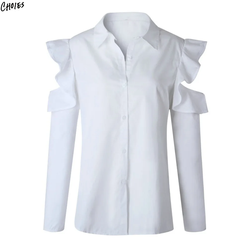

White Cold Shoulder Ruffle Long Sleeve Shirt Women Buttons up Front Turn Down Collar Casual Hollow Out Fall Blouse Top