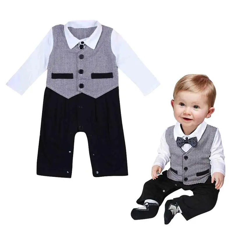 

2017 Nice Boy Baby Infant Formal Gentleman Baby Boy Clothes Button Necktie Suit Romper 0-24M Long Sleeve Baby Clothing Sets