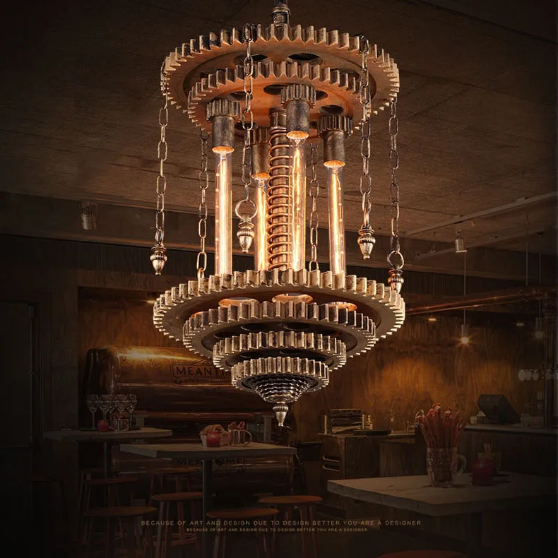 

Industrial Loft wrought iron pendant lights. Creative gear lamp bar Lighting engineering suspension water pipe hanging lamp